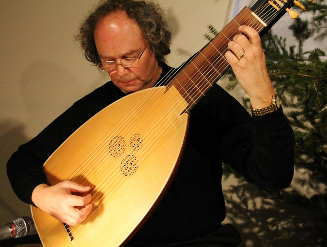 17th century music was provided by Tim Blackmore (Saint John) and Michel Cardin (Moncton) of La Tour Baroque Duo. Cardin is shown here with a theorbo, a type of lute invented in Italy around 1600.