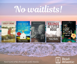 A beach at sunset with purple and pink sky and the text No Waitlists! Nova Scotia and New Brunswick's public libraries