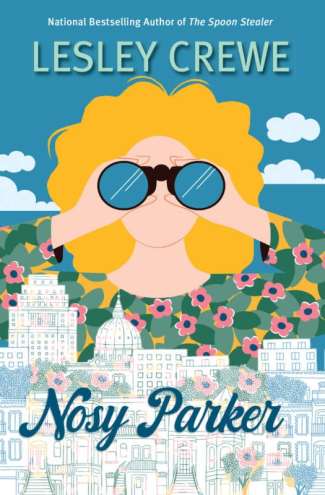 Cover of Nosy Parker features a graphic of a woman with yellow hair looking out of binoculars with a cityscape along the bottom of the book cover page