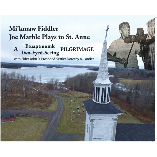In the corner is a person playing fiddle, overlayed over a photograph of a church steeple