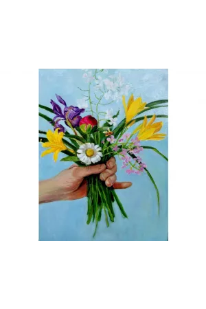 a blue background with a hand holding a bouquet of flowers including a daisy, 3 daffodils, and various pink and purple flowers
