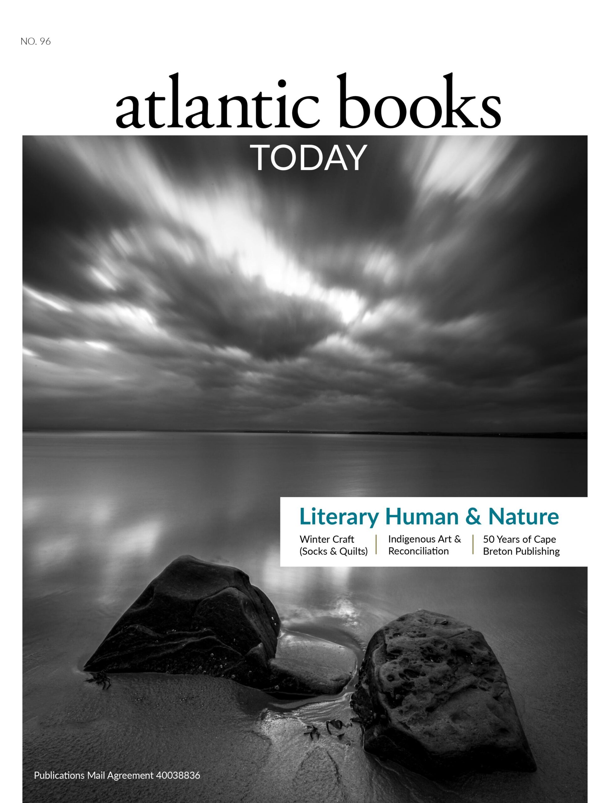 A black and white photo of a body of water with two rocks and the logo Atlantic Books Today at the top