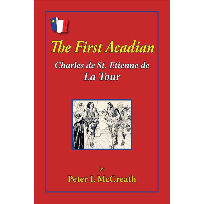 Red cover with acadian flag and title in yellow text