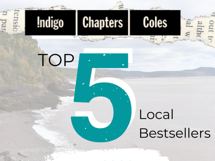 Wave on beach in background as top 5 May local best sellers at Indigo Chapters Coles is posted.