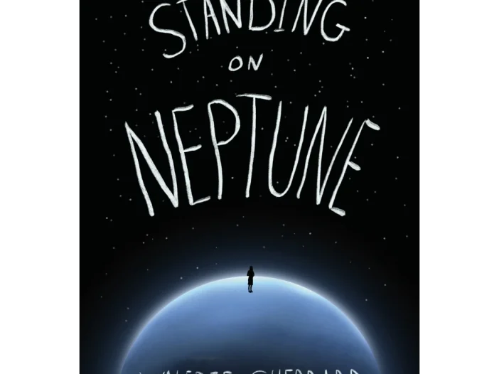 The cover of Standing on Neptune shows the black sky of space over the blue circle of Neptune. A young person stands small on the surface.