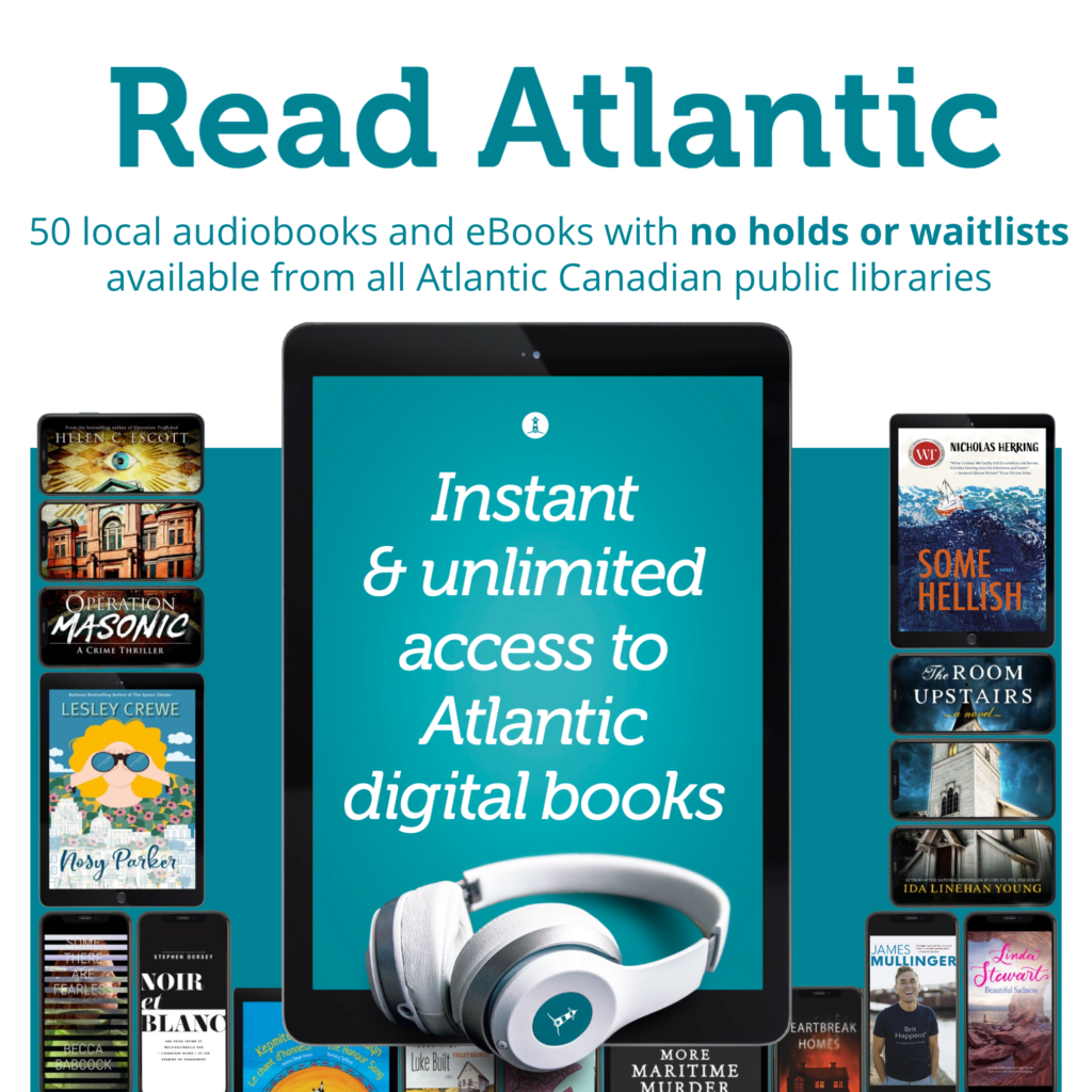 An array of tablet and mobile phones with book covers. A tablet in the centre (large) has text on the screen reading Instant and unlimited access to Atlantic Digital books