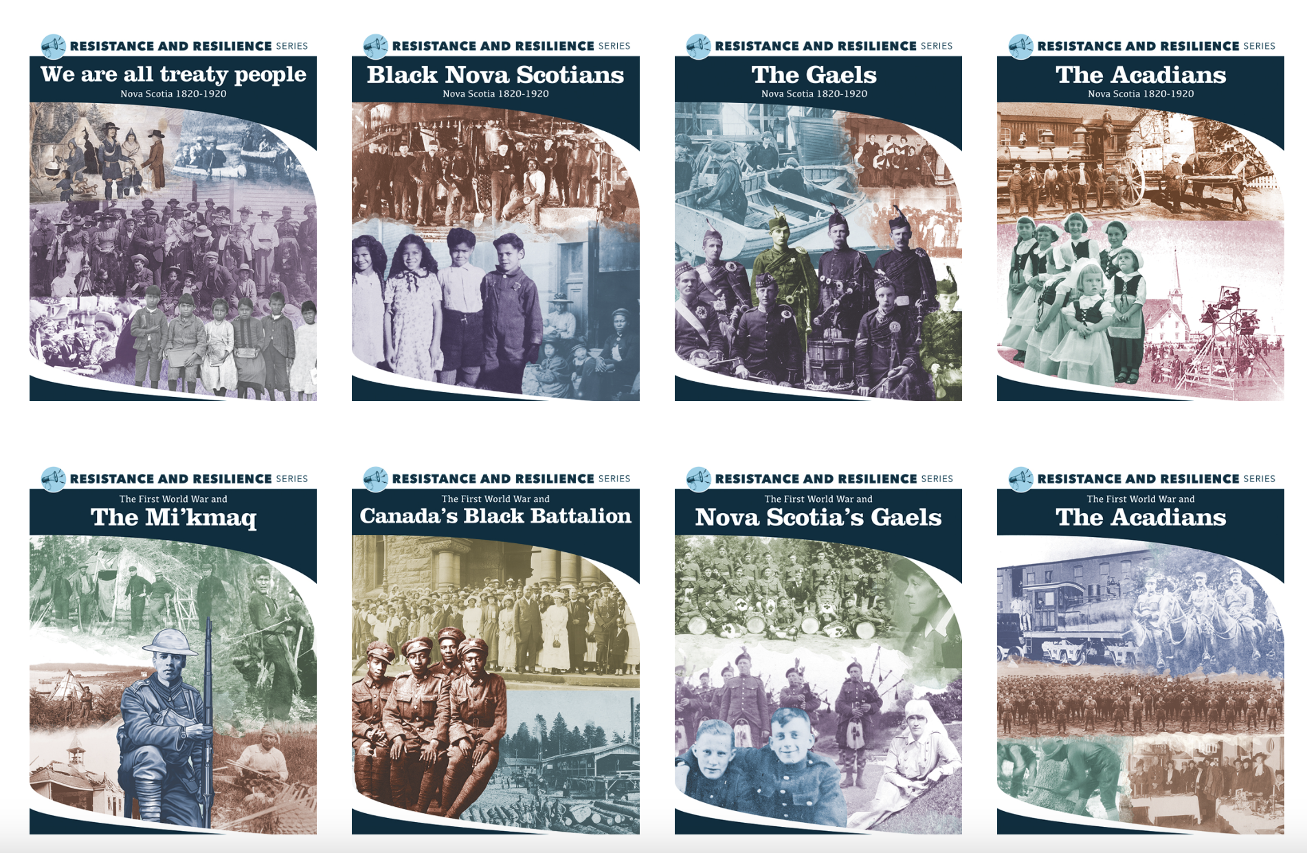 Shows the 8 book covers of the Resistance and Resilience Set